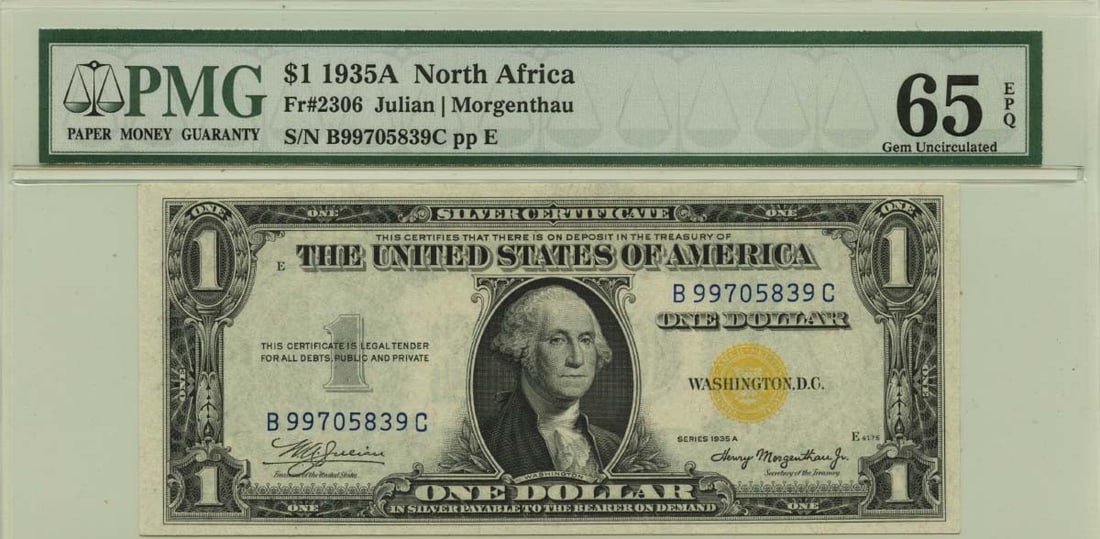1935A $1 WWII Emergency Note N. Africa PMG 65 EPQ: 1935A $1 WWII Emergency Note N. Africa PMG 65 EPQ This 1935A $1 note from North Africa, issued during World War II, is graded as Uncirculated with a PMG grade of MS65 and designated as EPQ (Exceptiona
