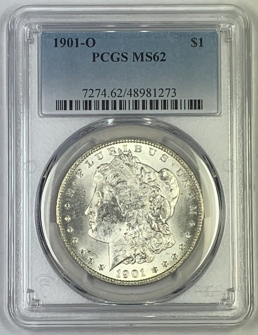 PCGS MS62 1901-O Morgan Silver Dollar Coin Certified Uncirculated: PCGS MS62 1901-O Morgan Silver Dollar Coin Certified Uncirculated This 1901-O Morgan Silver Dollar is graded MS 62 by PCGS and remains in uncirculated condition. Minted in the United States, it featur