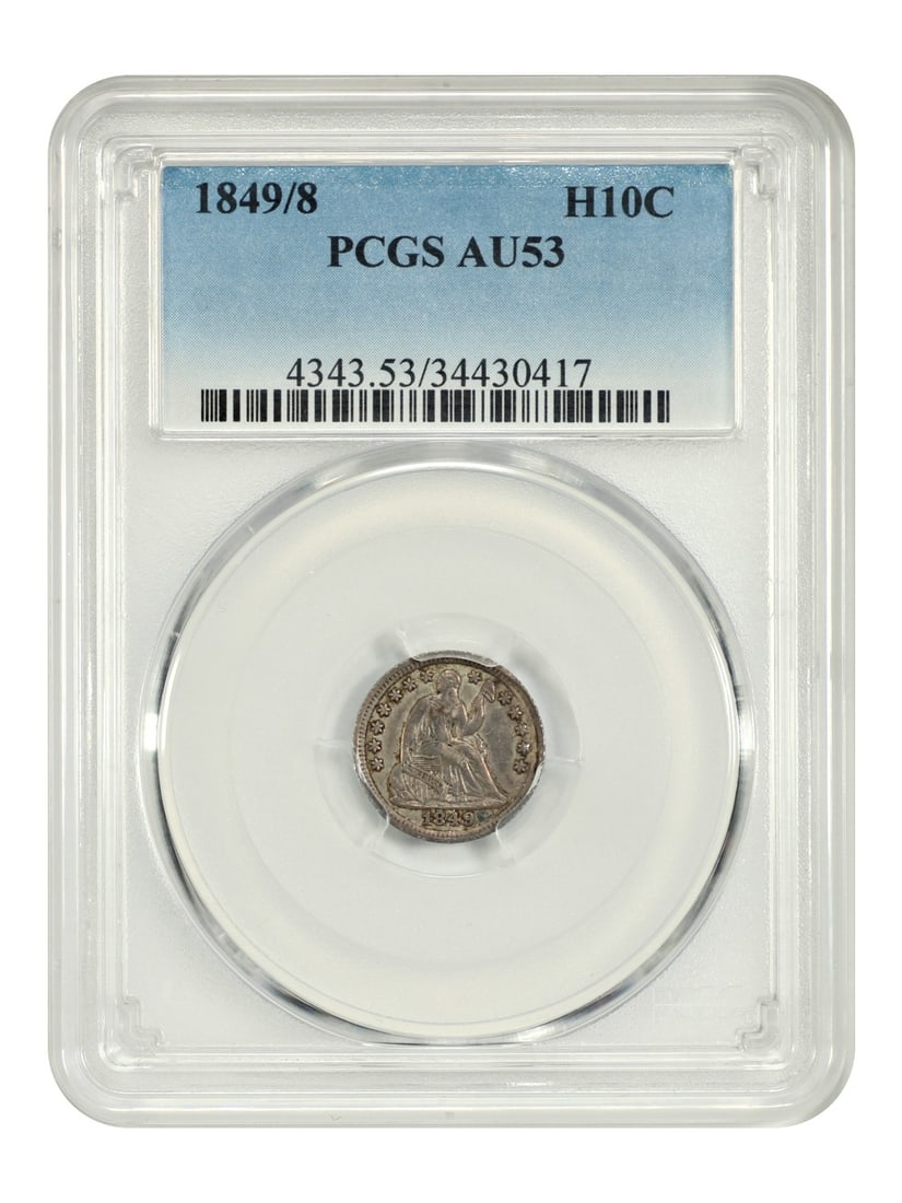 1849 Over 8 Liberty Seated Half Dime PCGS AU53: 1849 Over 8 Liberty Seated Half Dime PCGS AU53 This 1849/8 Liberty Seated Half Dime is certified by PCGS with a grade of AU53. Struck in Philadelphia, this circulated coin is part of the Liberty Seate