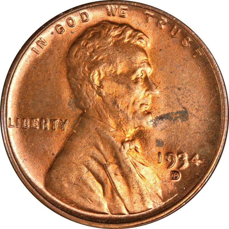 Copper 1934 Denver Mint Lincoln One Cent United States Coin: Copper 1934 Denver Mint Lincoln One Cent United States Coin This is a 1934-D Lincoln Cent struck at the Denver Mint. The coin is composed of copper and has been circulated. It is uncertified and offer