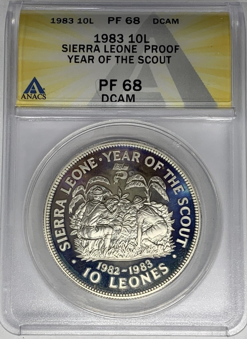 Sierra Leone 1983 Proof 10 Leones ANACS PR 68 DCAM Certified Coin: Sierra Leone 1983 Proof 10 Leones ANACS PR 68 DCAM Certified Coin This is a 1983 Sierra Leone Proof 10 Leones coin, certified by ANACS with a grade of PR 68 DCAM. The coin is uncirculated and has been