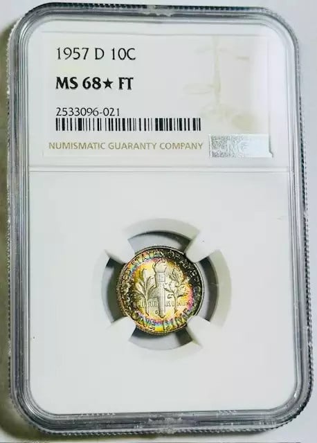1957 D Roosevelt Dime NGC MS 68* Full Torch Stunning Color: 1957 D Roosevelt Dime NGC MS 68* Full Torch Stunning Color This stunning 1957 D Roosevelt Dime has been graded MS-68* by NGC, showcasing its exceptional quality and remarkable full torch details. Stru