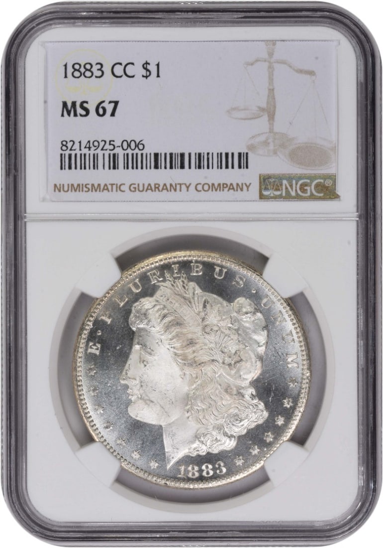 NGC MS67 Carson City 1883 Morgan Dollar 90 Percent Silver: NGC MS67 Carson City 1883 Morgan Dollar 90 Percent Silver This 1883-CC Morgan Silver Dollar is graded MS67 by NGC, indicating an uncirculated condition. Struck at the Carson City Mint, it is composed