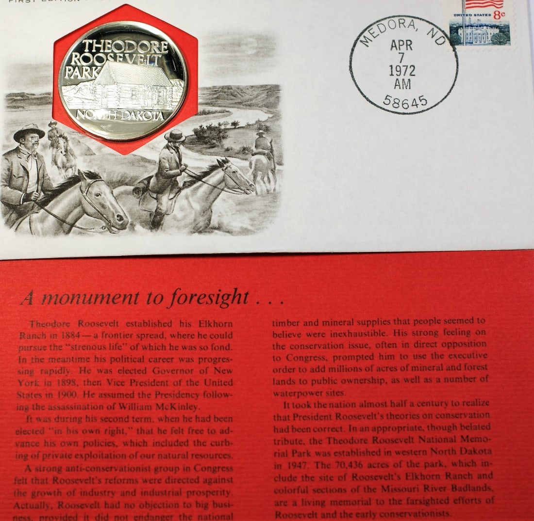 First Cover Silver Medal 1972 Theodore Roosevelt Park North Dakota Historic Site: First Cover Silver Medal 1972 Theodore Roosevelt Park North Dakota Historic Site This 1972 silver medal commemorates Theodore Roosevelt Park in North Dakota as part of the Great Historic Sites series.