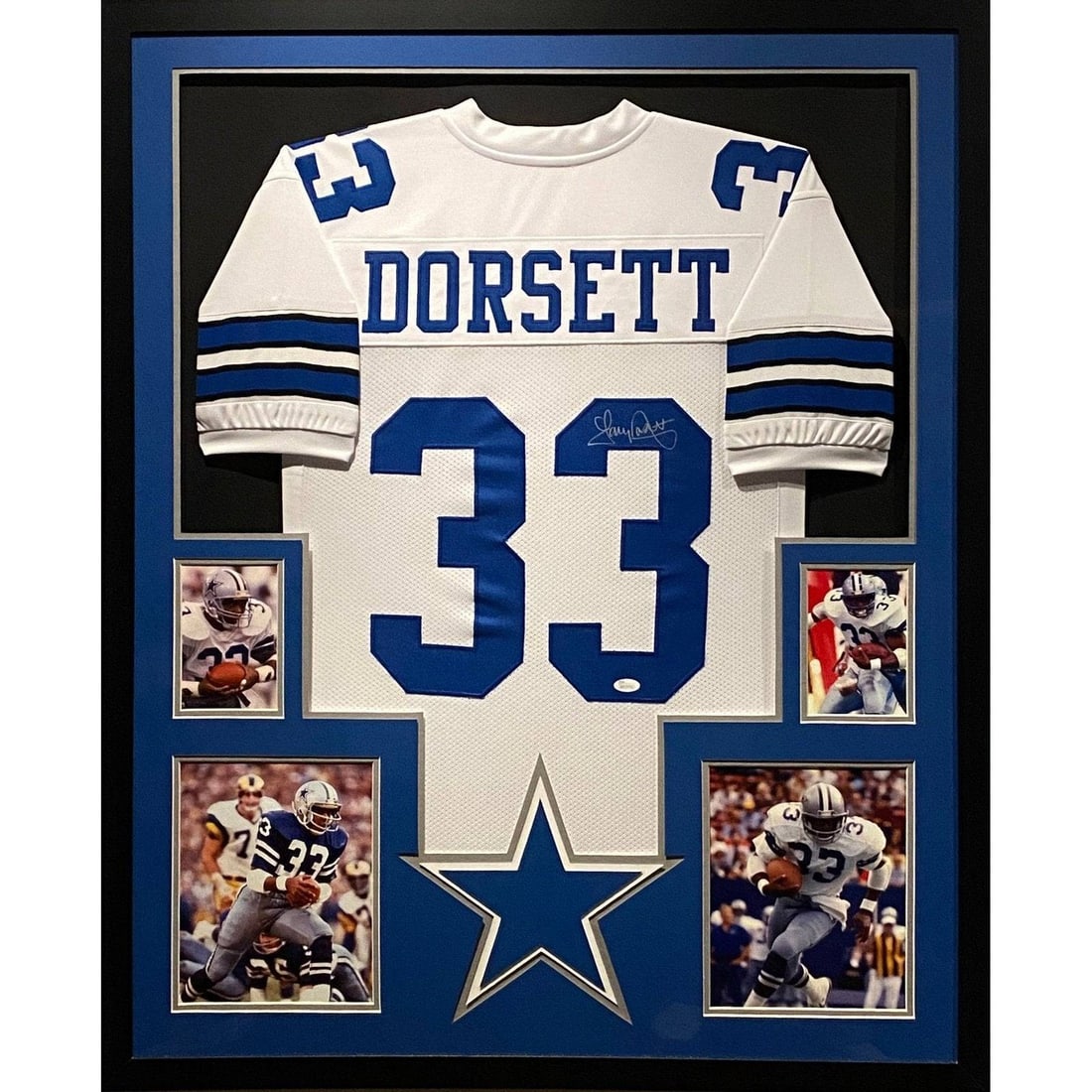 Tony Dorsett Autographed Framed Jersey Beckett Certified Dallas Cowboys HOF: Tony Dorsett Autographed Framed Jersey Beckett Certified Dallas Cowboys HOF This is a framed autographed jersey of Tony Dorsett, a standout player for the Dallas Cowboys and Hall of Famer. The jersey