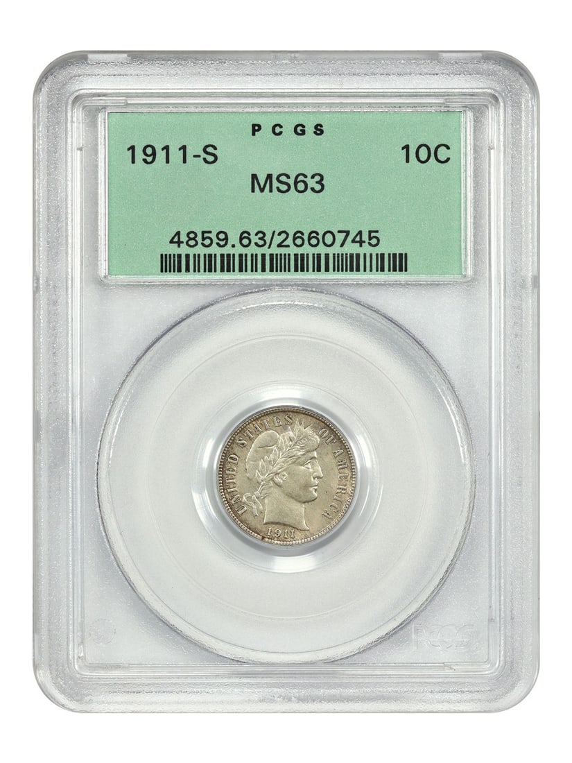 PCGS MS63 1911 San Francisco Barber Dime in Old Green Holder: PCGS MS63 1911 San Francisco Barber Dime in Old Green Holder This is a 1911-S Barber Dime graded MS63 by PCGS and housed in an Old Green Holder (OGH). Minted in San Francisco, this uncirculated dime b