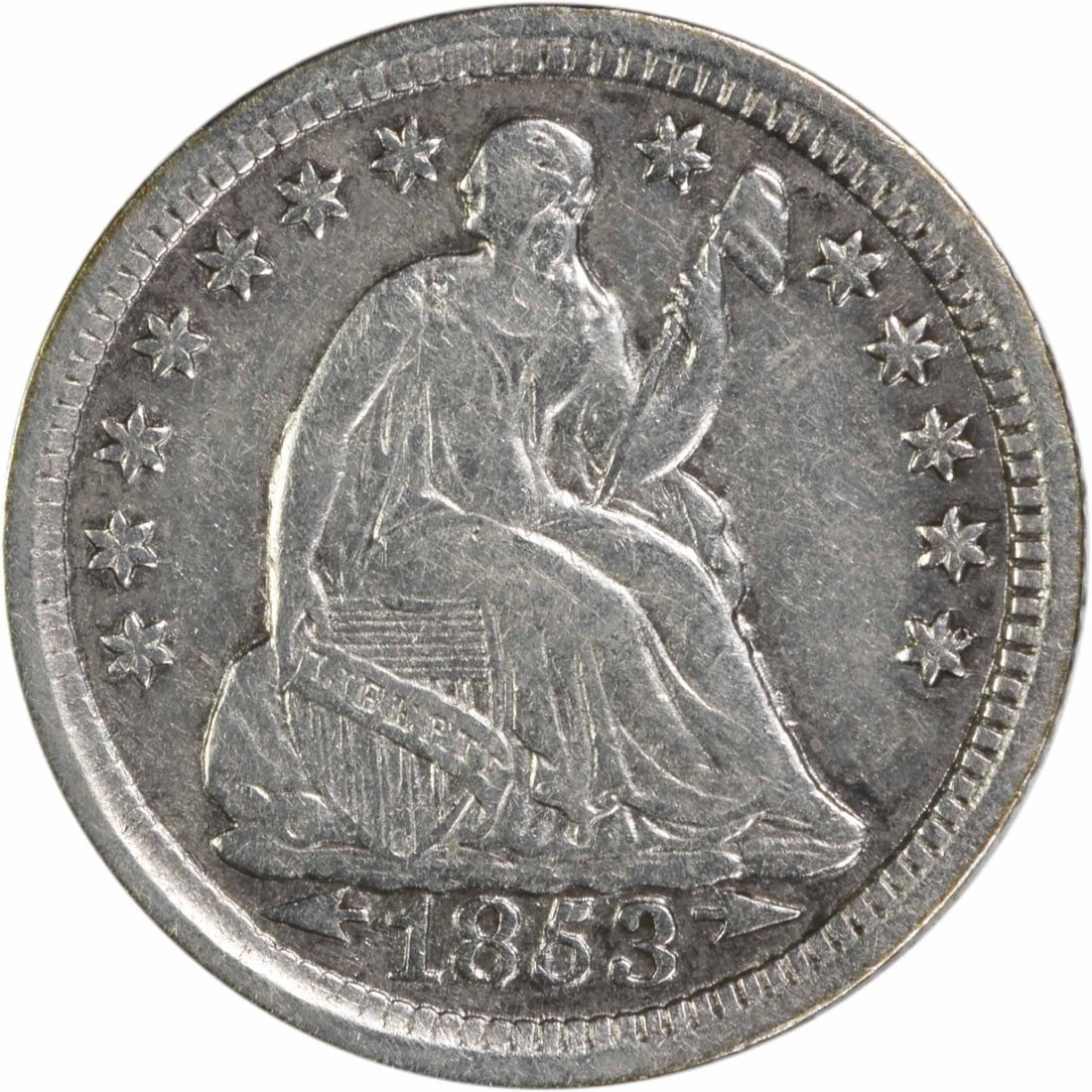 1853 Liberty Seated Silver Half Dime 90% Silver Uncertified: 1853 Liberty Seated Silver Half Dime 90% Silver Uncertified This 1853 Liberty Seated Silver Half Dime, designed by Christian Gobrecht, is a beautiful representation of mid-19th century American coinag