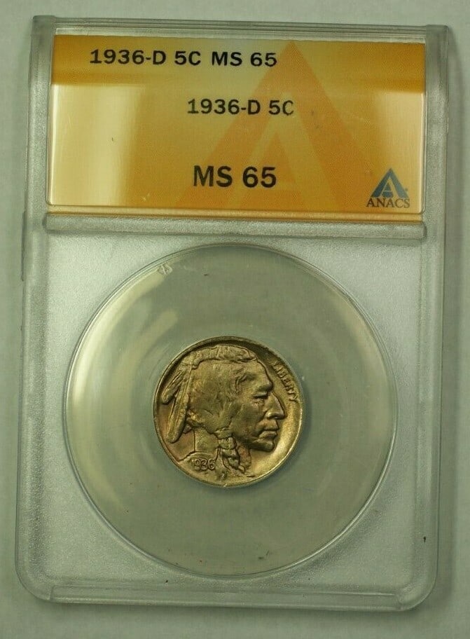 ANACS MS-65 1936-D Denver Buffalo Nickel Five Cent Coin: ANACS MS-65 1936-D Denver Buffalo Nickel Five Cent Coin This 1936-D Buffalo Nickel is a stunning example of U.S. numismatic history, graded MS-65 by ANACS and certified as uncirculated. Minted in Denv