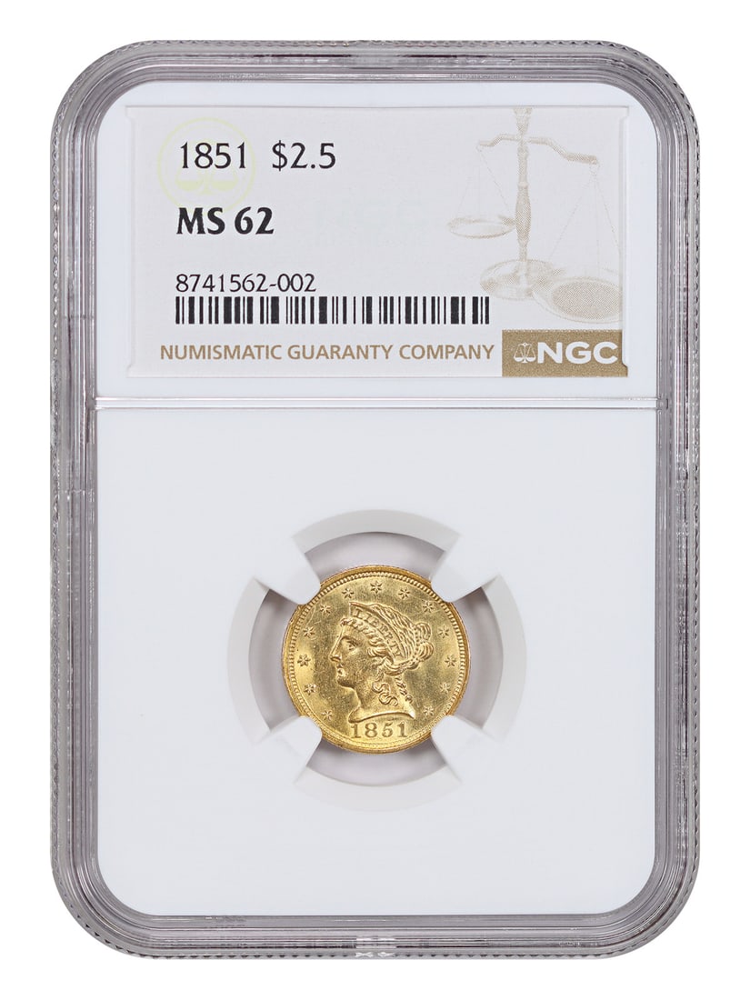 NGC MS62 1851 Liberty Head Gold Quarter Eagle Coin: NGC MS62 1851 Liberty Head Gold Quarter Eagle Coin This 1851 Liberty Head $2.5 gold coin is graded MS62 by NGC, indicating uncirculated condition. The coin features lemon gold surfaces with a soft lus