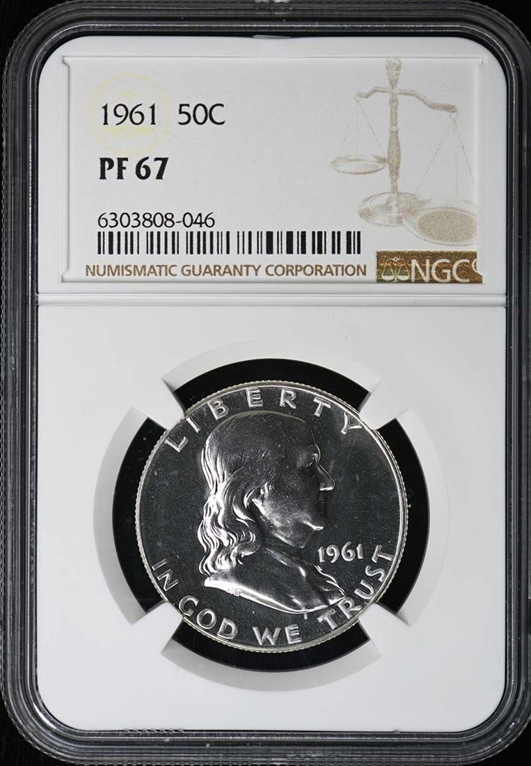 NGC PR67 1961 Proof Franklin Half Dollar Coin: NGC PR67 1961 Proof Franklin Half Dollar Coin This 1961 Franklin Half Dollar is a proof coin graded PR67 by NGC. Struck at the Philadelphia Mint, it features the classic Franklin Half Dollar design. T
