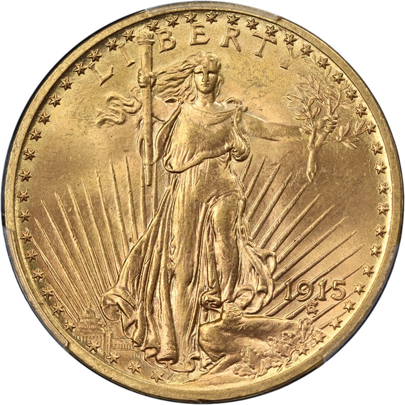1915-P $20 Saint-Gaudens Gold Coin PCGS MS64 with Strong Luster: 1915-P $20 Saint-Gaudens Gold Coin PCGS MS64 with Strong Luster This 1915-P Saint-Gaudens Gold $20 coin is graded MS64 by PCGS, featuring superb eye appeal, fantastic luster, and a strong strike. The