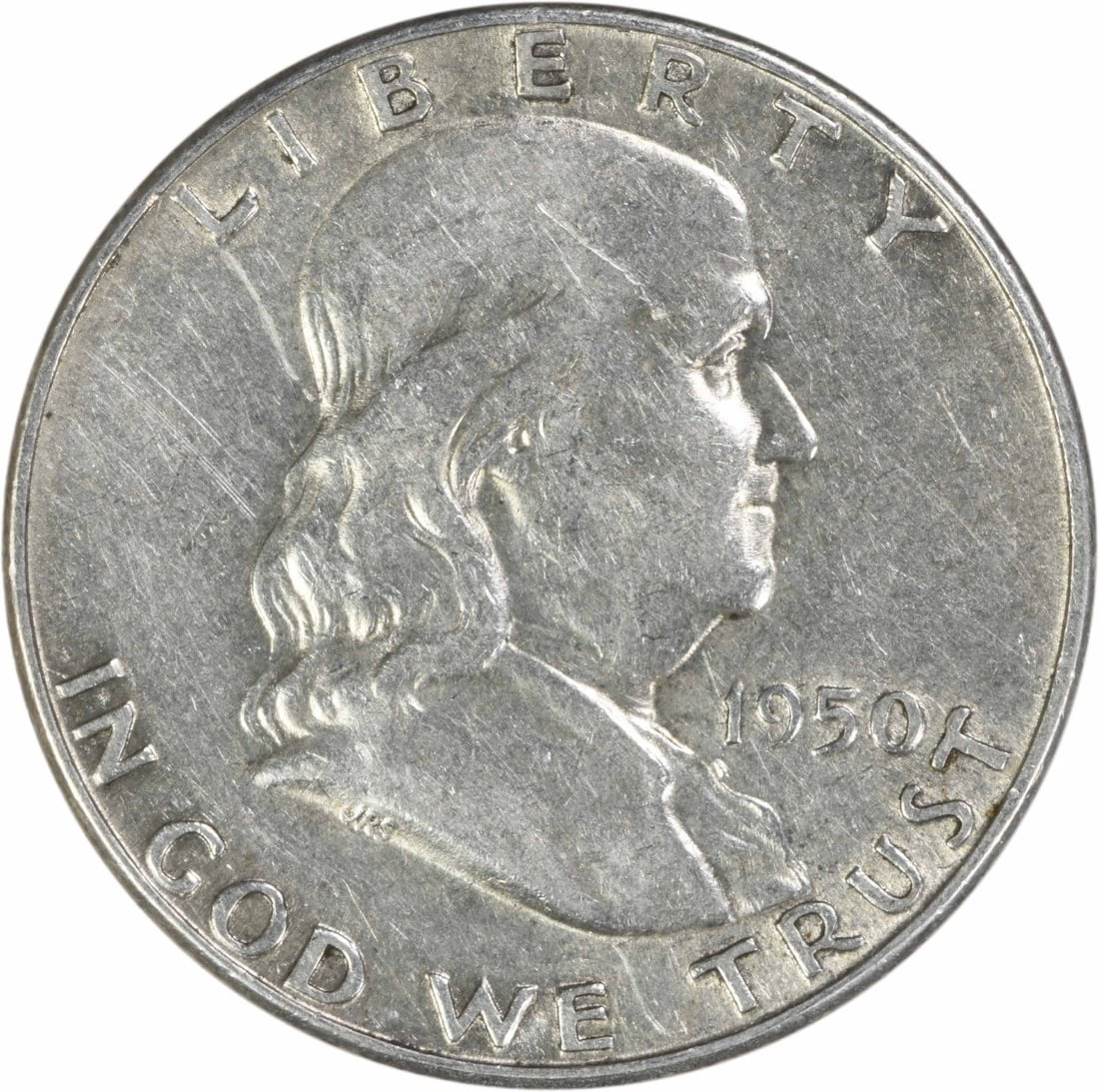 1950 Philadelphia Franklin Half Dollar 90 Percent Silver AU Uncertified: 1950 Philadelphia Franklin Half Dollar 90 Percent Silver AU Uncertified This 1950 Franklin Half Dollar coin from the United States was minted in Philadelphia. Graded as About Uncirculated (AU), it fea