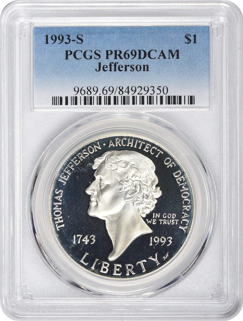 1993-S Silver Proof Dollar PCGS PR69DCAM Jefferson Commemorative Coin: 1993-S Silver Proof Dollar PCGS PR69DCAM Jefferson Commemorative Coin This 1993-S Jefferson Silver Commemorative Dollar is a proof coin graded PR69 Deep Cameo by PCGS. Struck at the San Francisco Mint