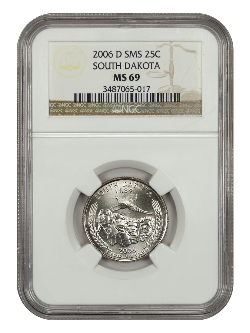 2006-D South Dakota 25C NGC SP69 Washington Quarter Satin Finish: 2006-D South Dakota 25C NGC SP69 Washington Quarter Satin Finish This 2006-D 25C South Dakota quarter features a satin finish and is graded SP69 by NGC, indicating it is in uncirculated condition. It