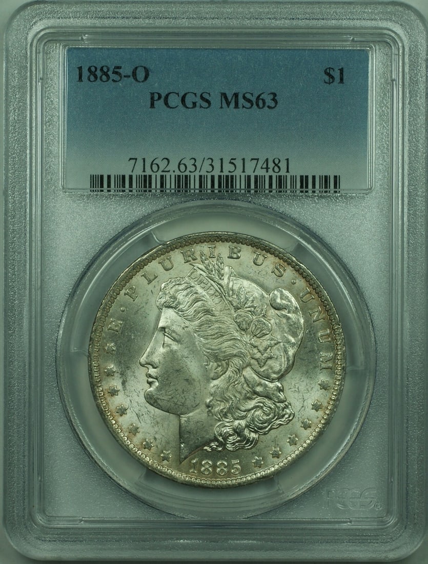 PCGS MS-63 1885-O Morgan Dollar Silver Coin from New Orleans: PCGS MS-63 1885-O Morgan Dollar Silver Coin from New Orleans This is an 1885-O Morgan Silver Dollar graded MS-63 by PCGS. Minted in New Orleans, this uncirculated coin is composed of silver and is par