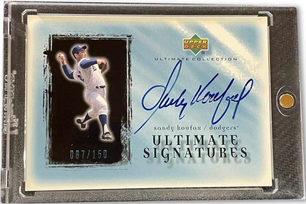 Sandy Koufax 2002 Upper Deck Ultimate Signatures Card #SK 087/150: Sandy Koufax 2002 Upper Deck Ultimate Signatures Card #SK 087/150 This 2002 Upper Deck Ultimate Signatures card features the legendary Sandy Koufax, a prominent player for the Los Angeles Dodgers. Thi
