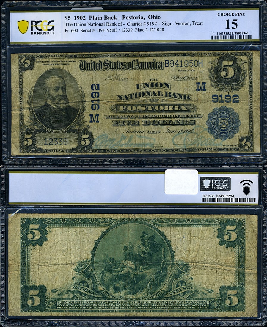 1902 $5 Fostoria Ohio National Bank Note PCGS Choice Fine 15: 1902 $5 Fostoria Ohio National Bank Note PCGS Choice Fine 15 This is a $5 National Bank Note from Fostoria, Ohio, issued in 1902. The note is certified by PCGS with a grade of Choice Fine 15, indicati