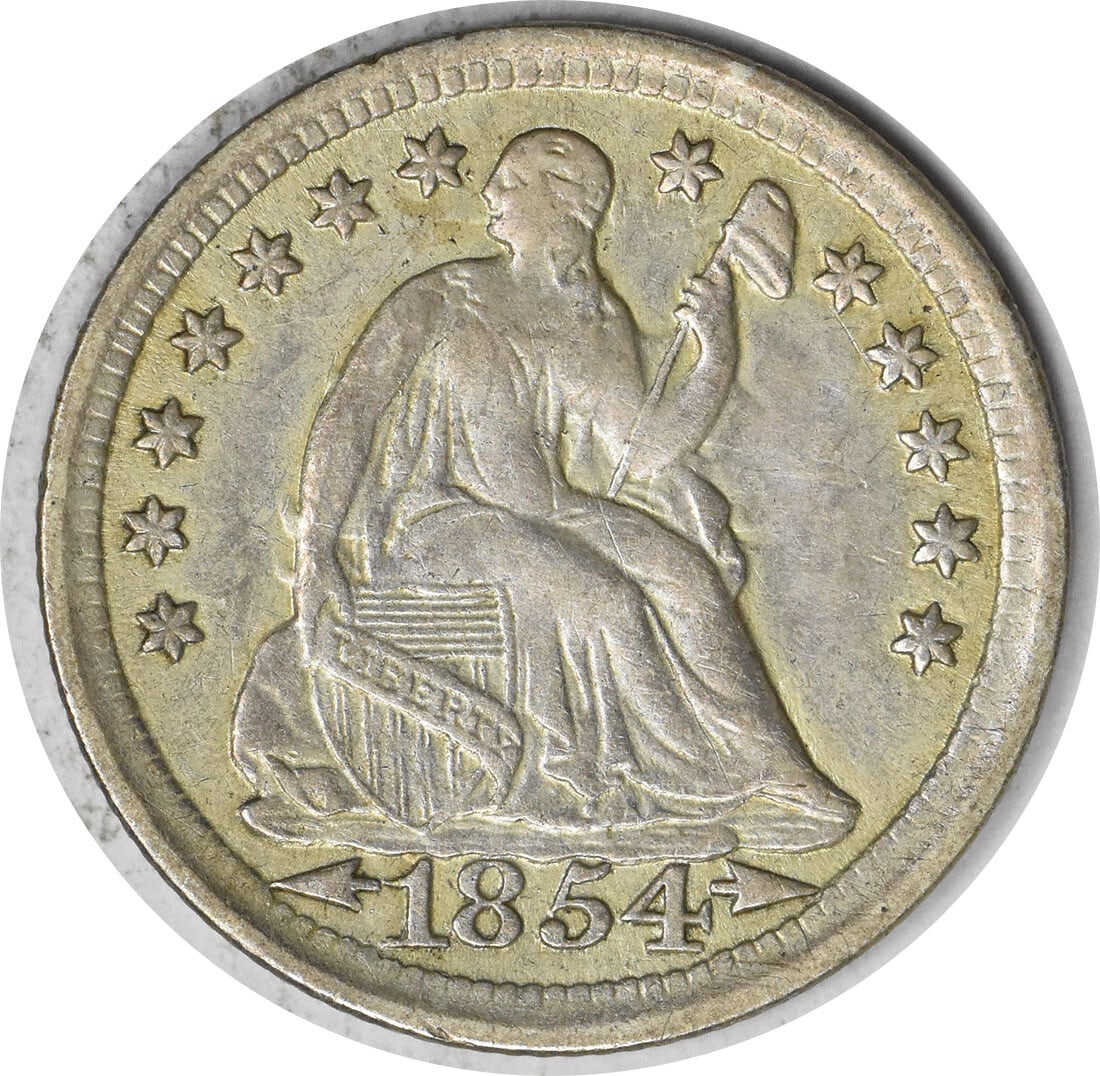 1854 Liberty Seated Half Dime AU Silver Coin by Gobrecht: 1854 Liberty Seated Half Dime AU Silver Coin by Gobrecht This 1854 Liberty Seated Silver Half Dime is an exquisite piece of numismatic history. Featuring a design by Christian Gobrecht, this coin repr