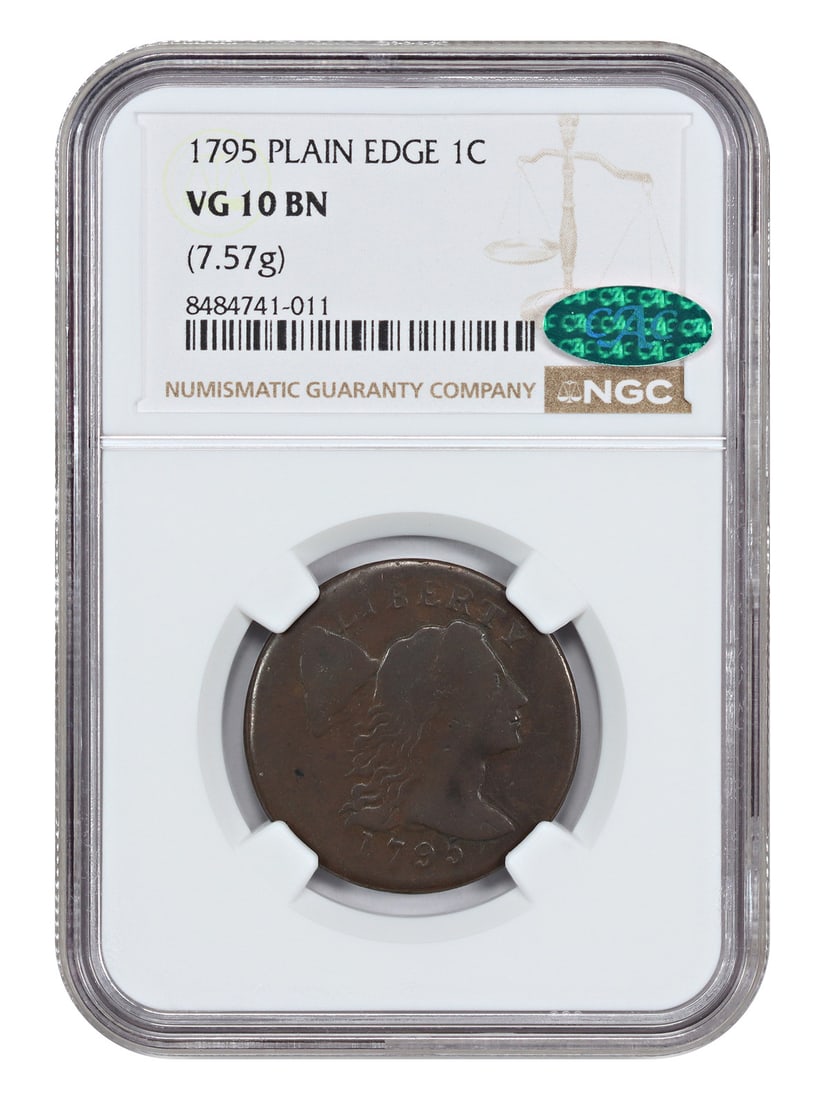 Flowing Hair Large Cent 1795 NGC CAC VG10 Plain Edge 1C Copper Coin: Flowing Hair Large Cent 1795 NGC CAC VG10 Plain Edge 1C Copper Coin This is a 1795 Flowing Hair Large Cent with a plain edge, certified by NGC and CAC as VG10. The coin features attractive color and w