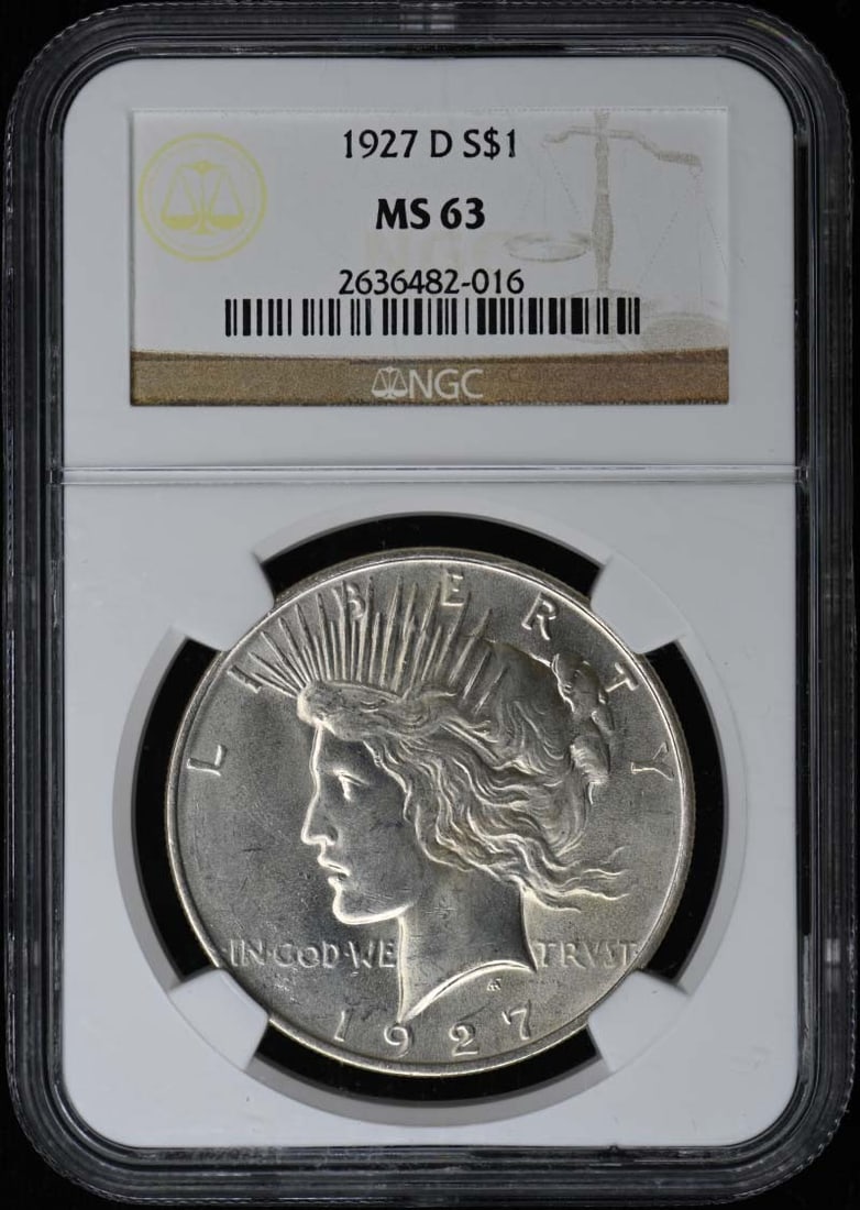 1927 Denver Peace Silver Dollar NGC MS63: 1927 Denver Peace Silver Dollar NGC MS63 This is a 1927-D Peace Dollar graded MS63 by NGC. Minted in Denver, this uncirculated silver dollar from the United States features the classic Peace Dollar de