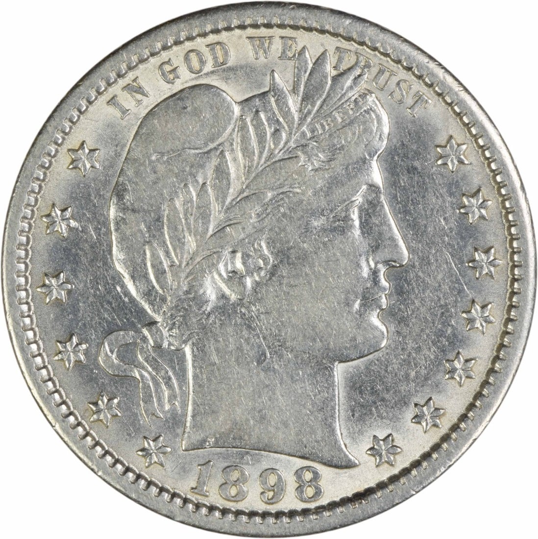 1898 San Francisco Barber Quarter 90 Percent Silver Extra Fine Uncertified: 1898 San Francisco Barber Quarter 90 Percent Silver Extra Fine Uncertified This 1898-S Barber quarter was struck at the San Francisco Mint and features a composition of 90% silver and 10% copper. Desi