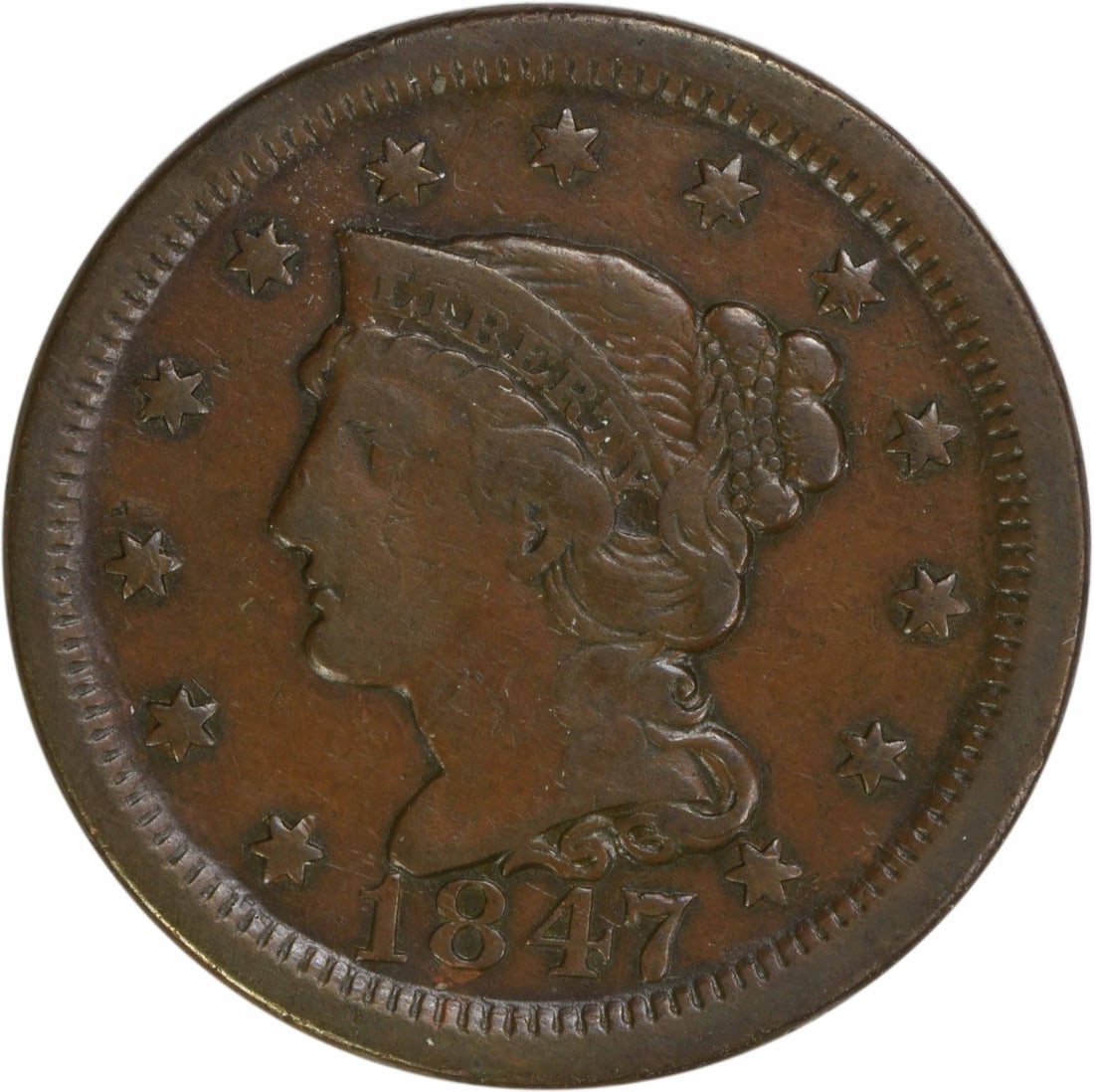 1847 Large Cent Copper Braided Hair VF Uncertified Coin: 1847 Large Cent Copper Braided Hair VF Uncertified Coin This 1847 Large Cent is a beautiful example of American coinage, featuring the iconic Braided Hair design by Christian Gobrecht. Struck in Phila
