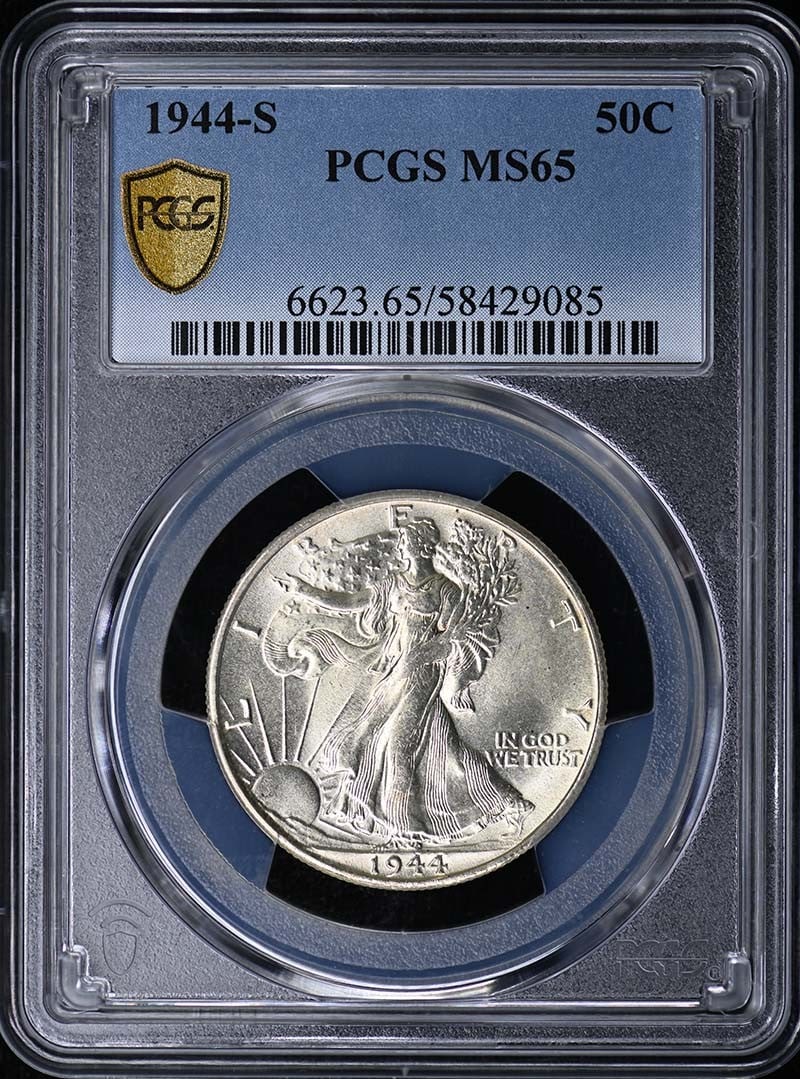 PCGS MS65 1944-S Walking Liberty Half Dollar Uncirculated San Francisco: PCGS MS65 1944-S Walking Liberty Half Dollar Uncirculated San Francisco This is a 1944-S Walking Liberty Half Dollar graded MS65 by PCGS. Minted in San Francisco, this uncirculated coin is a pre-owned