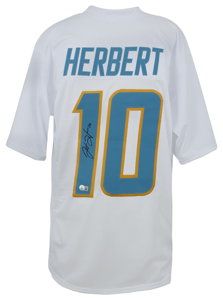 Justin Herbert Signed Chargers White Custom Jersey Beckett COA: Justin Herbert Signed Chargers White Custom Jersey Beckett COA This is a signed white custom football jersey of Justin Herbert, the talented quarterback for the Los Angeles Chargers. The jersey is ori