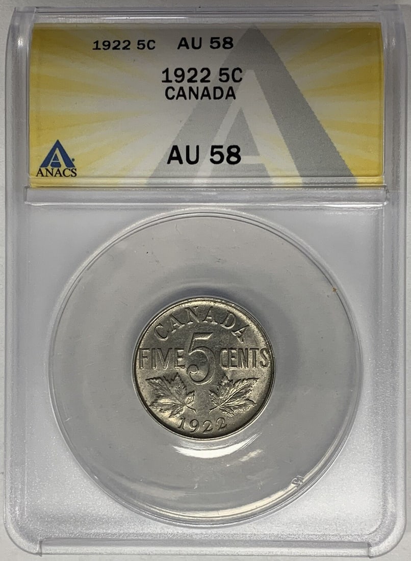 Canada 1922 Five Cent Coin ANACS Graded AU 58: Canada 1922 Five Cent Coin ANACS Graded AU 58 This is a 1922 Canadian 5 cent coin, certified by ANACS with a grade of AU 58. The coin is circulated and is in pre-owned condition. Specifications Countr