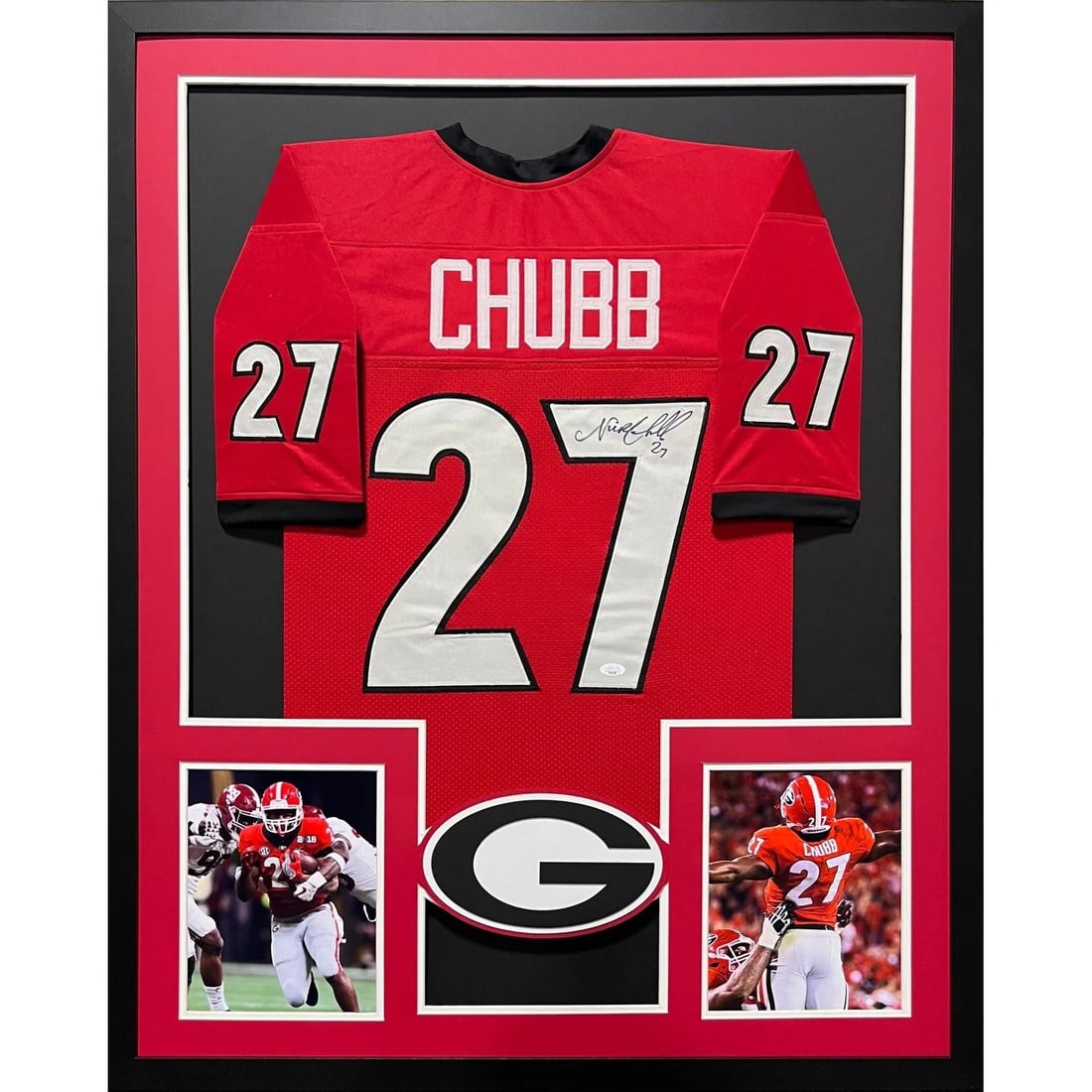Nick Chubb Autographed Framed Georgia Jersey JSA Certified: Nick Chubb Autographed Framed Georgia Jersey JSA Certified This autographed Nick Chubb framed jersey showcases a stunning tribute to the football star, featuring meticulous framing and a detailed logo