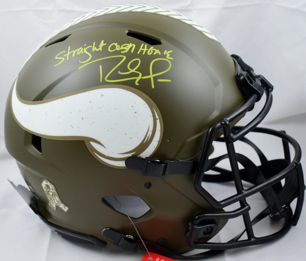 Randy Moss Signed Vikings Salute to Service Helmet Beckett Authenticated: Randy Moss Signed Vikings Salute to Service Helmet Beckett Authenticated This authentic full-size helmet commemorates Randy Moss's career with the Minnesota Vikings, featuring his signature as a tribu