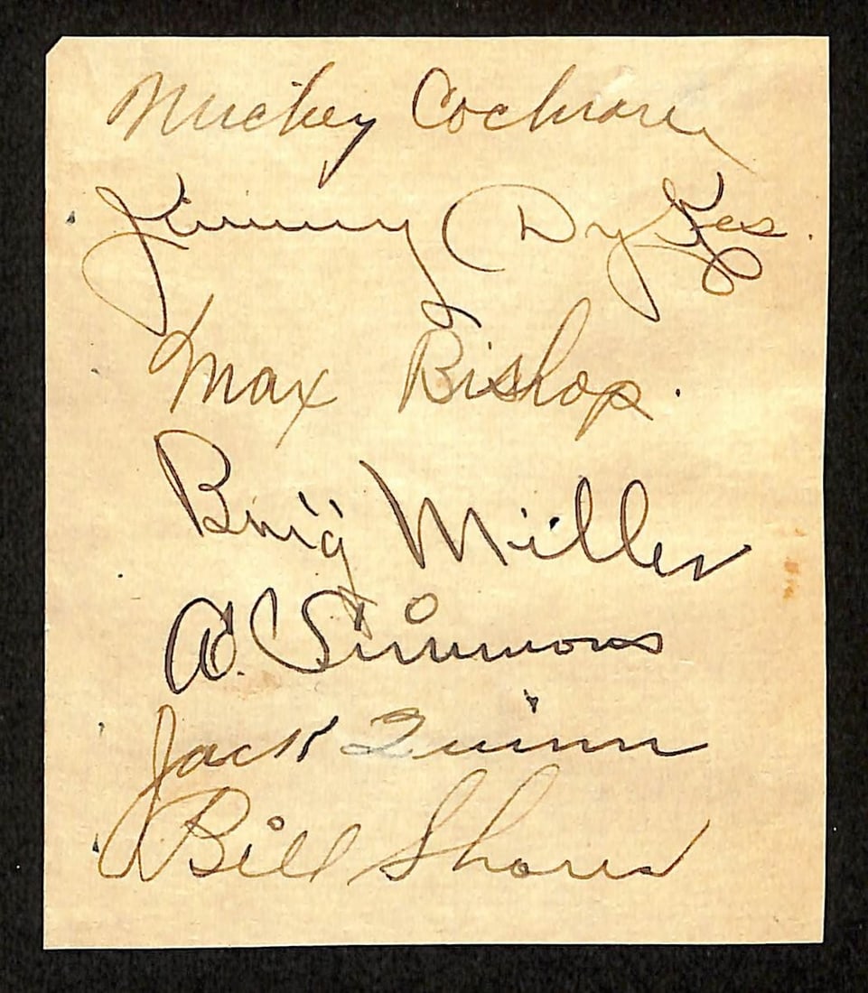 1929 Philadelphia Athletics Multi-Signed Cut 7 Signatures HOF BAS: 1929 Philadelphia Athletics Multi-Signed Cut 7 Signatures HOF BAS This is a remarkable 3 1/4 x 4 inch laminated cut signed by seven illustrious members of the 1929 World Series Champion Philadelphia A