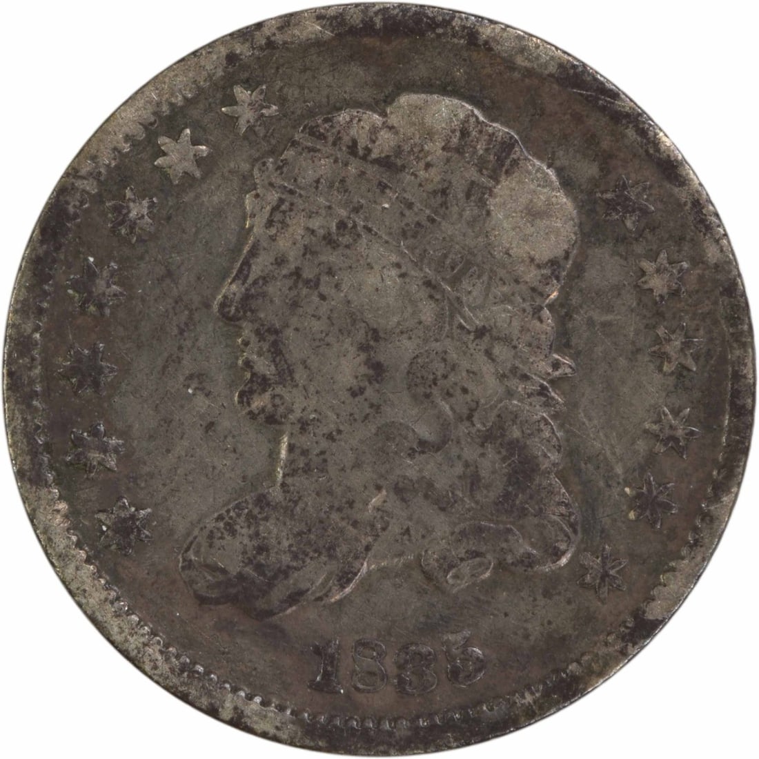 1835 Capped Bust Silver Half Dime Uncertified Philadelphia Mint: 1835 Capped Bust Silver Half Dime Uncertified Philadelphia Mint This 1835 Bust Silver Half Dime is a historical coin from the United States, featuring the iconic Capped Bust design crafted by designer