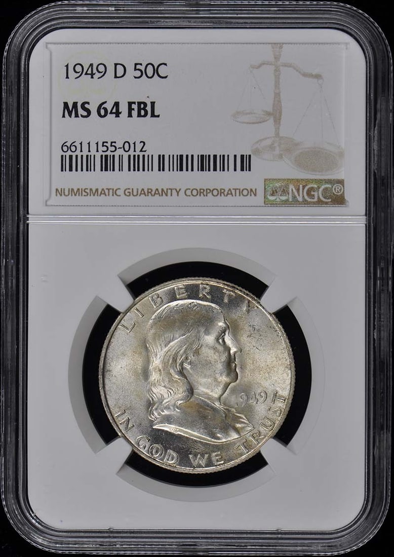 1949-D Franklin Half Dollar NGC MS64FBL Uncirculated Denver Coin: 1949-D Franklin Half Dollar NGC MS64FBL Uncirculated Denver Coin This 1949-D Franklin Half Dollar is graded NGC MS64FBL, indicating it is in uncirculated condition with full bell lines. Minted in Denv