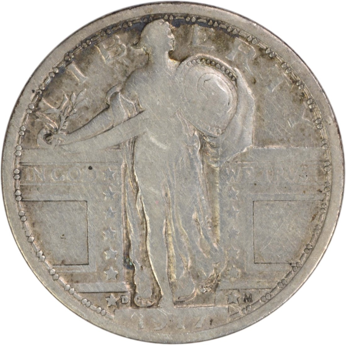 Standing Liberty Quarter 1917 Denver Mint Type 1 Fine Grade Uncertified: Standing Liberty Quarter 1917 Denver Mint Type 1 Fine Grade Uncertified This is a 1917-D Standing Liberty Silver Quarter Type 1 from the United States. Designed by Hermon A. Mac Neil, this circulated