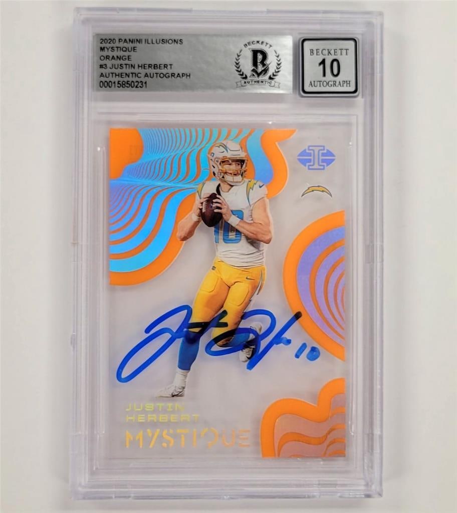 Justin Herbert Autographed 2020 Panini Illusions Mystique Rookie BAS 10 Card: Justin Herbert Autographed 2020 Panini Illusions Mystique Rookie BAS 10 Card This is a highly sought-after 2020 Panini Illusions Mystique rookie card of Justin Herbert, featuring his hard-signed autog