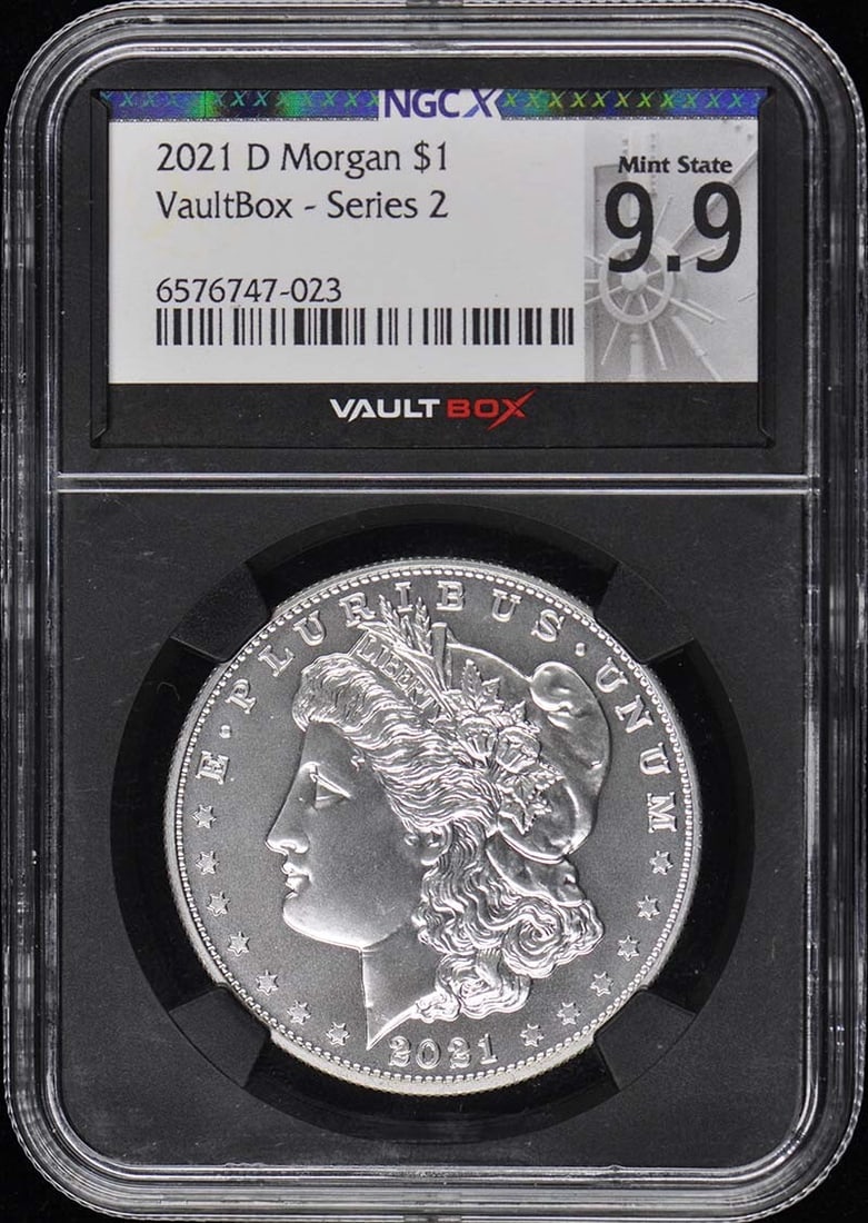 VaultBox Series 2 NGC Morgan 2021 D Dollar MS 9.9: VaultBox Series 2 NGC Morgan 2021 D Dollar MS 9.9 This 2021 D Morgan $1 coin is certified by NGC and graded MS 9.9 as part of the VaultBox Series 2. The coin originates from the United States and is i
