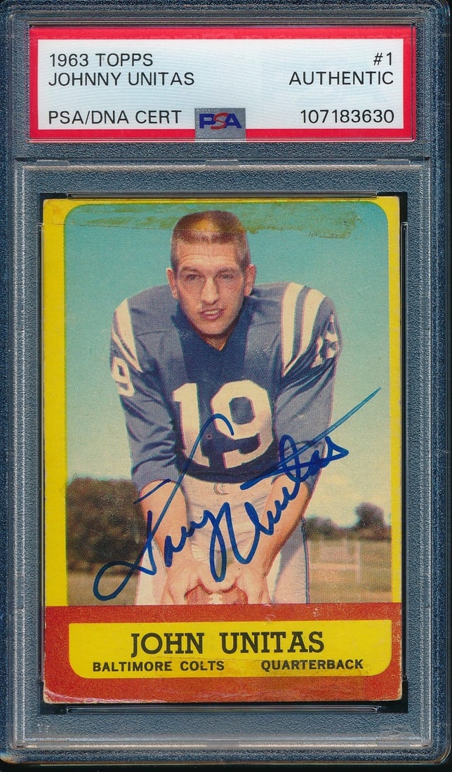Johnny Unitas HOF Autographed 1963 Topps Card #1 Colts PSA/DNA: Johnny Unitas HOF Autographed 1963 Topps Card #1 Colts PSA/DNA Offered is an original 1963 Topps Card #1 featuring Johnny Unitas, a Hall of Fame quarterback for the Baltimore Colts. This card is signe