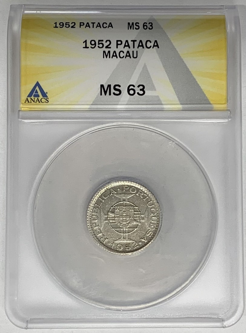 ANACS MS 63 Certified 1952 Macau 1 Pataca Coin: ANACS MS 63 Certified 1952 Macau 1 Pataca Coin This is a 1952 Macau 1 Pataca coin certified by ANACS with a grade of MS 63. The coin is pre-owned and has been professionally graded, making it a collec