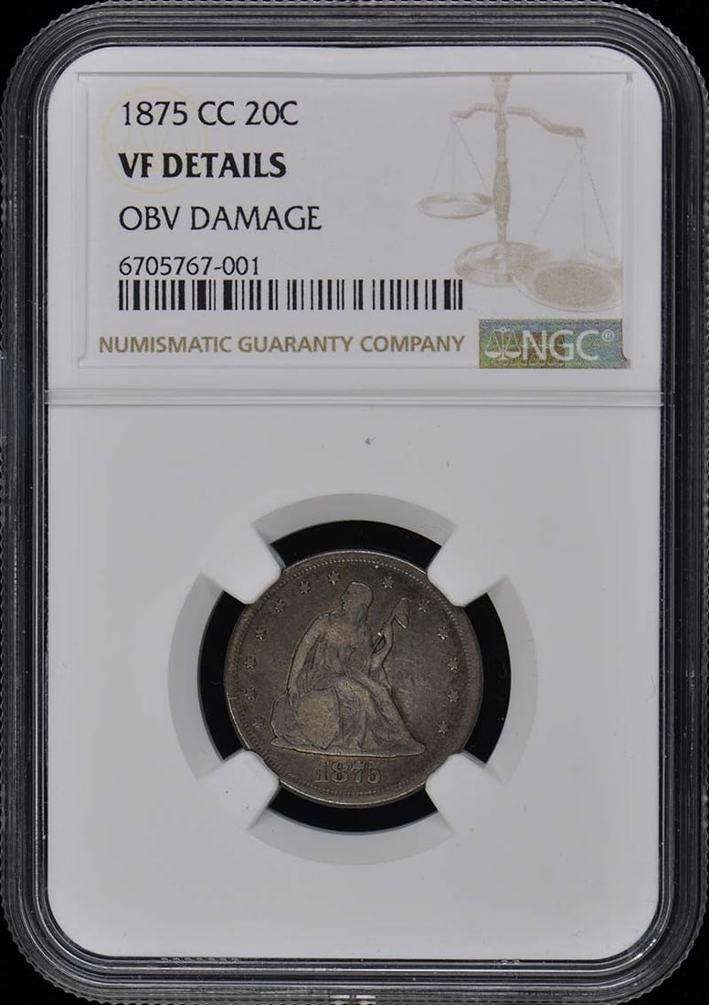 1875-CC Twenty Cent Coin NGC VF Details Carson City: 1875-CC Twenty Cent Coin NGC VF Details Carson City This 1875-CC Twenty-Cent Piece is a remarkable addition to any numismatic collection. Certified by NGC, this coin is graded as VF Details, indicatin