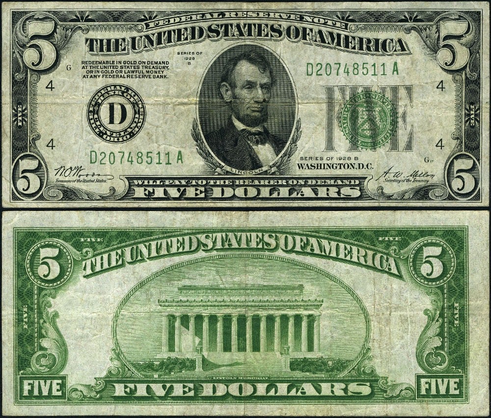 1928-B $5 Cleveland Federal Reserve Note D-A Block Very Fine: 1928-B $5 Cleveland Federal Reserve Note D-A Block Very Fine This 1928-B $5 Federal Reserve Note from the Cleveland District (FR. 1952 D) is a circulated piece with a Very Fine (VF) grade. It features