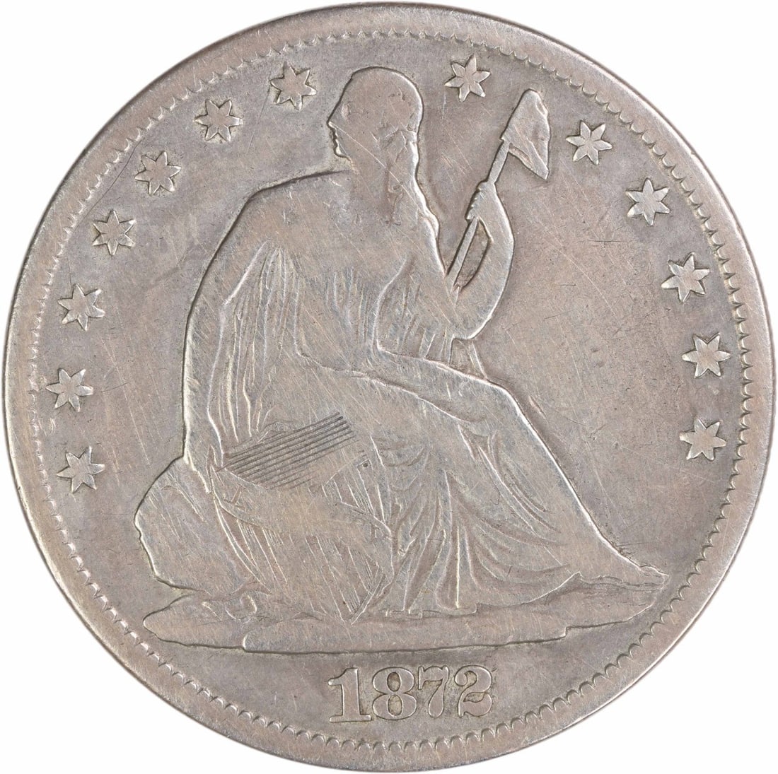 Carson City 1872 Seated Liberty Half Dollar Fine Grade 90% Silver Uncertified: Carson City 1872 Seated Liberty Half Dollar Fine Grade 90% Silver Uncertified This 1872-CC Liberty Seated Silver Half Dollar is a circulated coin from the Carson City Mint. Designed by Thomas Sully an