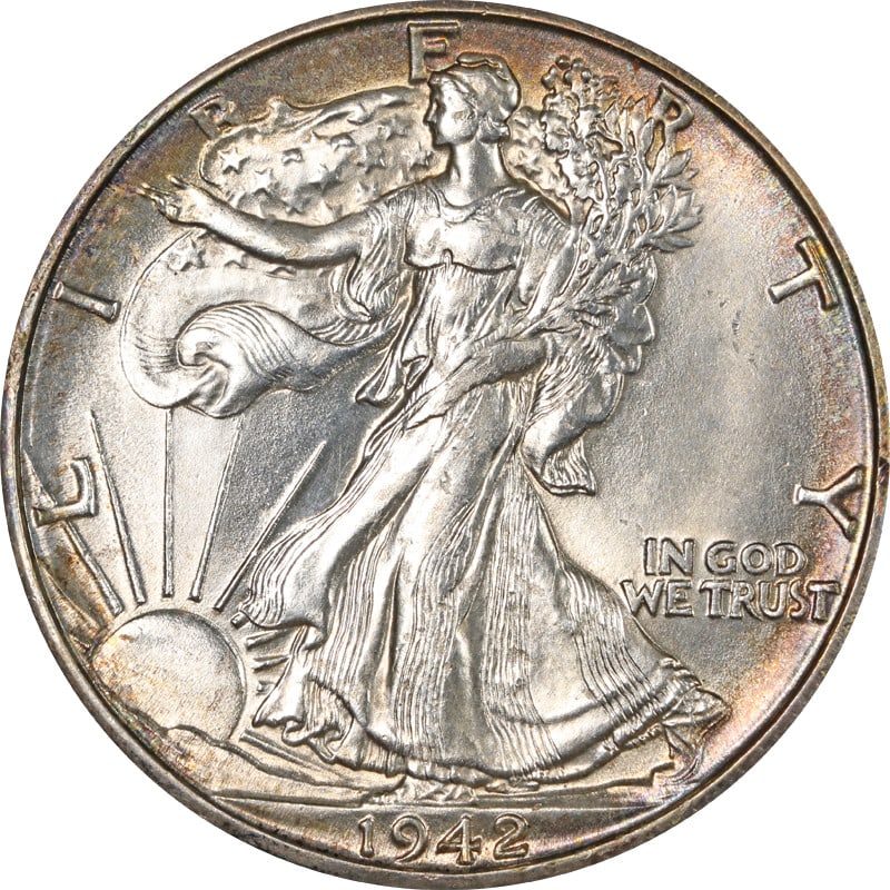 1942-D Walking Liberty Half Coin 90% Silver Circulated: 1942-D Walking Liberty Half Coin 90% Silver Circulated This 1942-D Walking Liberty Half showcases a stunning design representative of American coinage. Made of 90% silver, this coin features the iconi