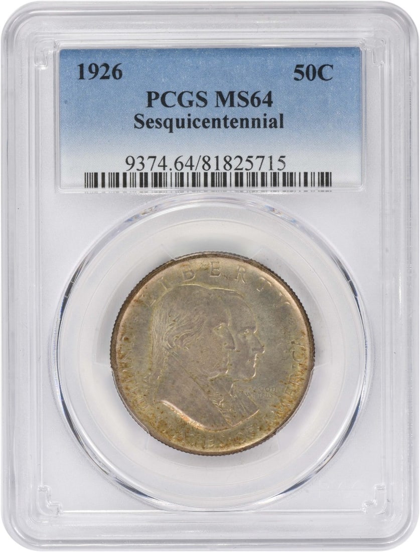 1926 Philadelphia Sesquicentennial Half Dollar PCGS MS64 Silver Commemorative: 1926 Philadelphia Sesquicentennial Half Dollar PCGS MS64 Silver Commemorative This 1926 Sesquicentennial Commemorative Silver Half Dollar is certified MS64 by PCGS. Struck in Philadelphia, it is compo