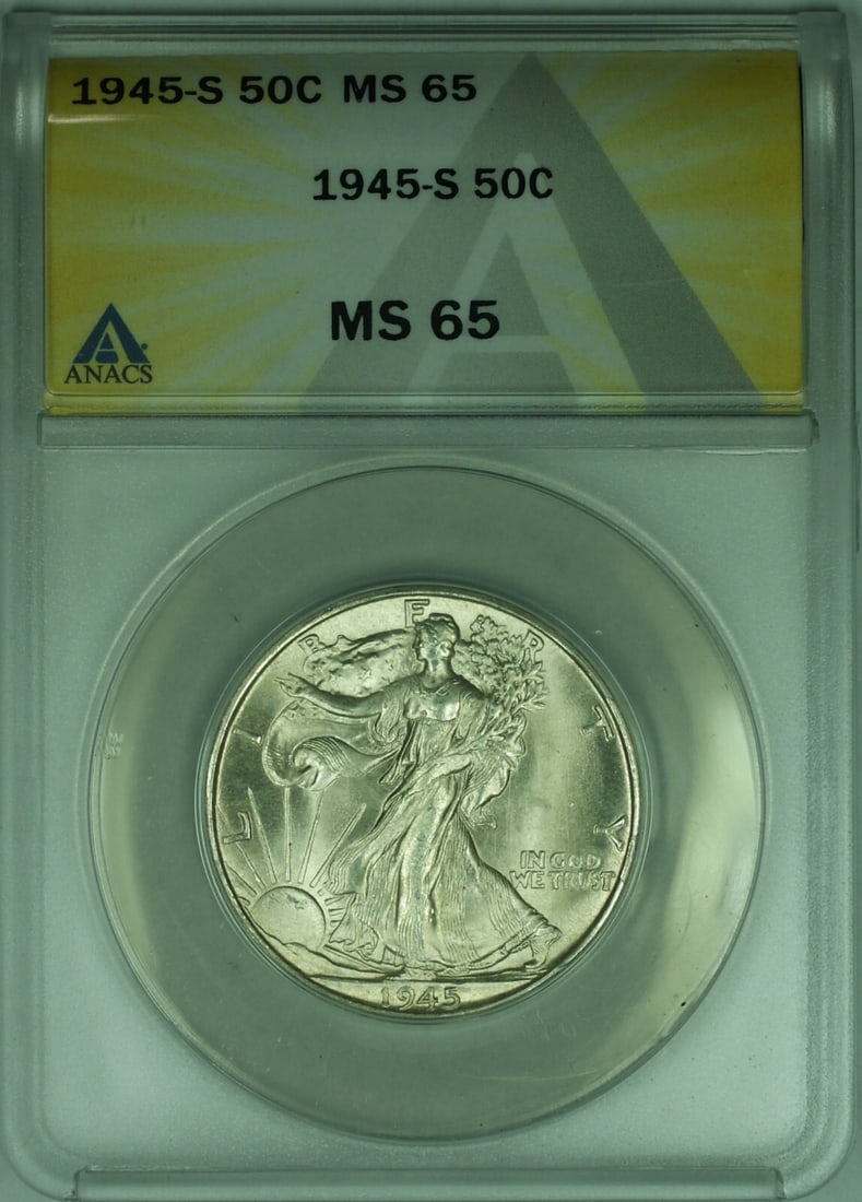 ANACS MS-65 1945-S Liberty Walking Silver Half Dollar San Francisco Mint: ANACS MS-65 1945-S Liberty Walking Silver Half Dollar San Francisco Mint This is a 1945-S Walking Liberty Half Dollar with a denomination of 50 cents, minted in San Francisco. The coin is composed of
