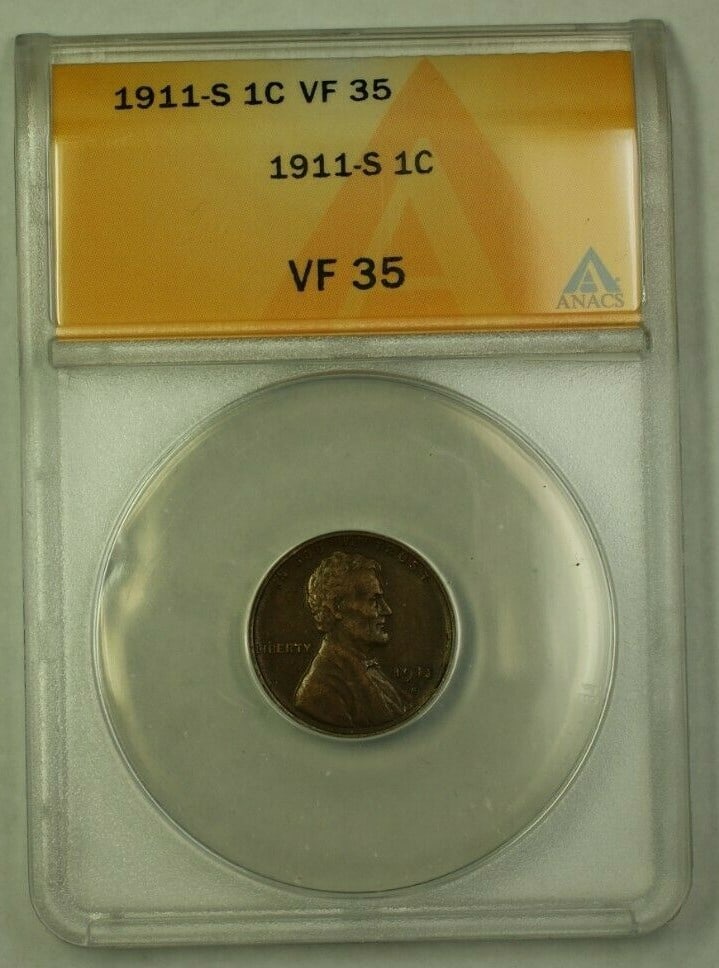 ANACS VF-35 1911-S San Francisco Lincoln Wheat Copper Cent: ANACS VF-35 1911-S San Francisco Lincoln Wheat Copper Cent This 1911-S Lincoln Wheat Cent is certified by ANACS with a grade of VF-35. Minted in San Francisco, this circulated copper coin is a notable