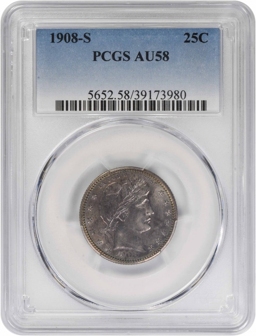 PCGS AU58 1908-S United States Barber 25C Silver Quarter Coin: PCGS AU58 1908-S United States Barber 25C Silver Quarter Coin This 1908-S Barber Quarter is graded AU58 by PCGS. Struck at the San Francisco Mint, it features a composition of 90% silver and 10% coppe