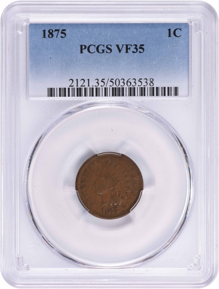 PCGS Certified 1875 Indian Head Cent VF35 Grade Copper Coin: PCGS Certified 1875 Indian Head Cent VF35 Grade Copper Coin This 1875 Indian Head Cent is a circulated coin graded VF35 by PCGS. Struck in copper, it features the classic Indian Head design and was pr