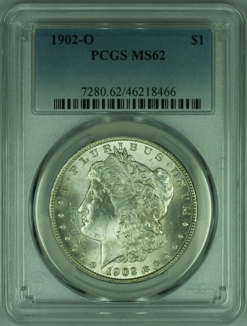 PCGS MS62 1902-O Morgan Dollar Silver Coin from New Orleans Mint: PCGS MS62 1902-O Morgan Dollar Silver Coin from New Orleans Mint This 1902-O Morgan Silver Dollar is graded MS-62 by PCGS. Struck at the New Orleans Mint, it is composed of 90% silver and has a denomi