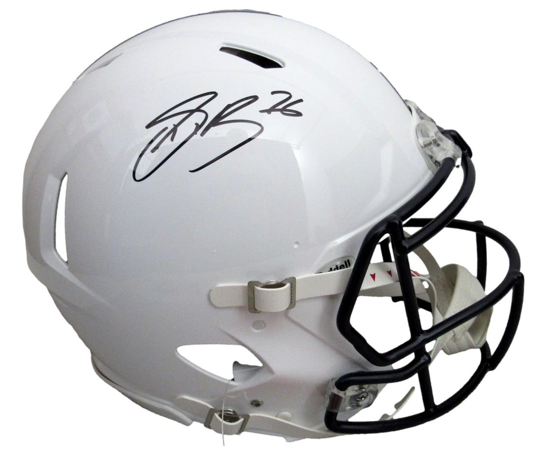 Saquon Barkley Autographed Full Size White Speed Helmet PSU PSA/DNA: Saquon Barkley Autographed Full Size White Speed Helmet PSU PSA/DNA This is a Saquon Barkley signed full-size white speed authentic football helmet representing the Penn State Nittany Lions. The helme